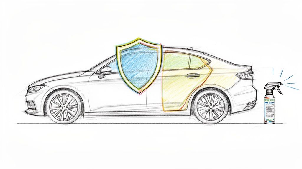 Sketch of a car illustrating a protective coating application with a shield and spray bottle.