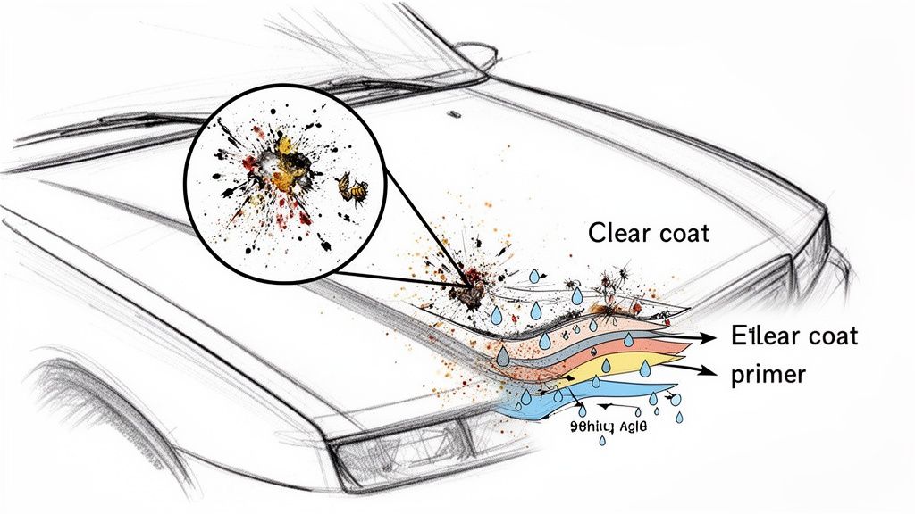 Diagram illustrating bug splatter on a car's clear coat, showing magnified damage and paint layers.