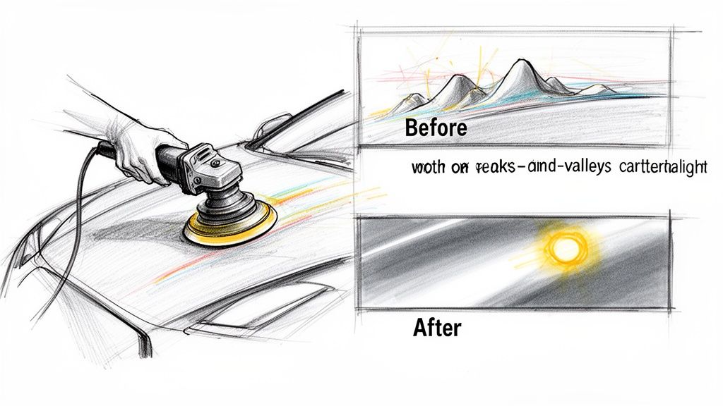 Illustration demonstrating car polishing, transforming a rough surface with scattered light into a smooth, reflective finish.