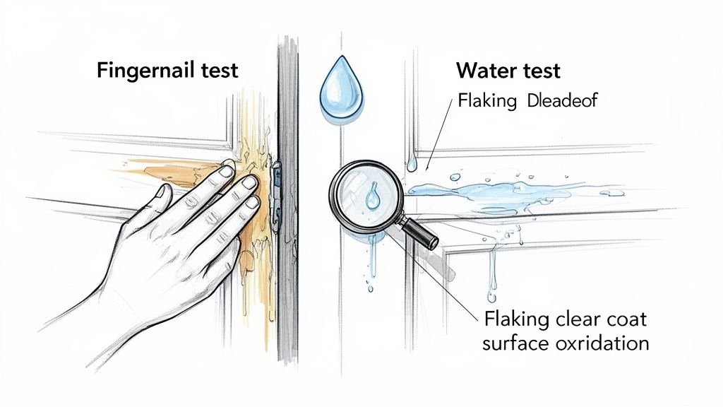 An illustration showing two methods to detect paint degradation: a fingernail test and a water test with a magnifying glass.