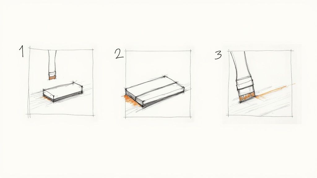 Three step illustration showing paint brush applying compound to car scratch repair process