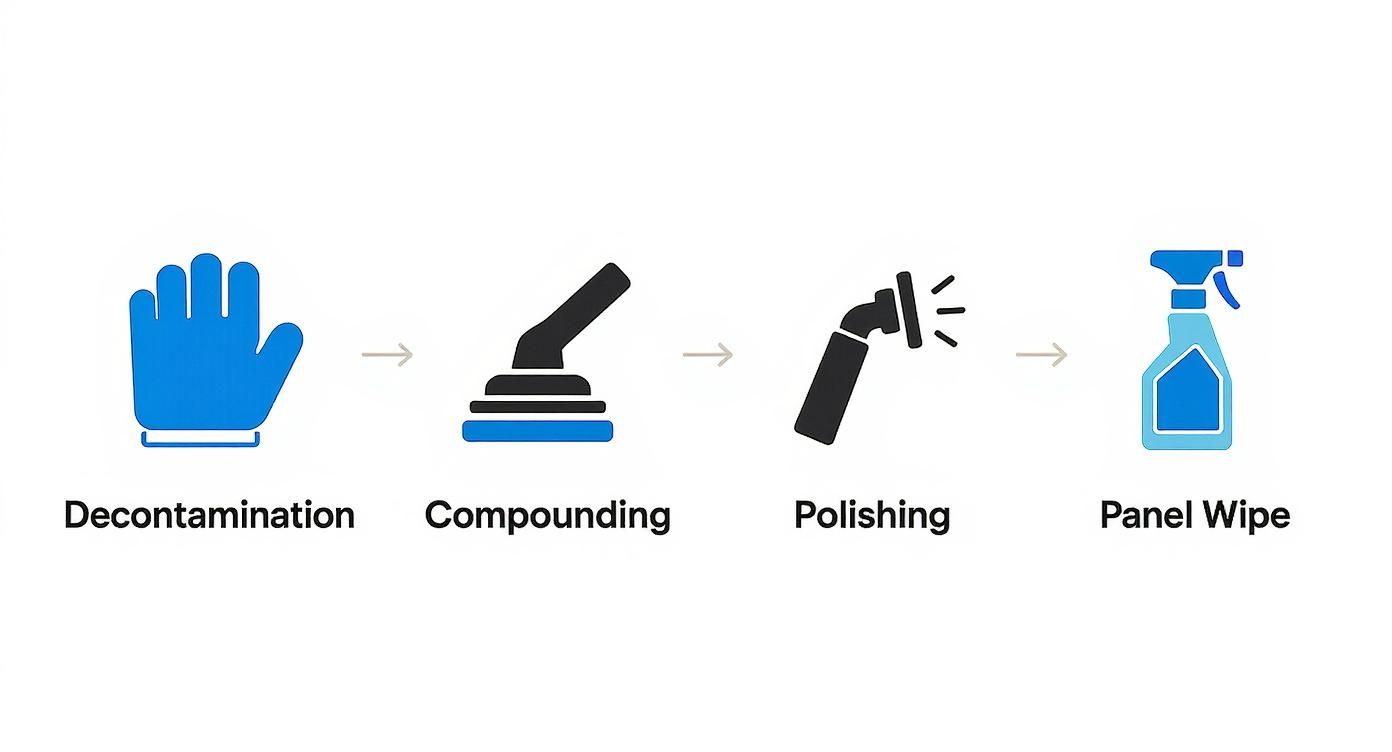 A four-step diagram illustrating the car paint correction process with icons and labels.