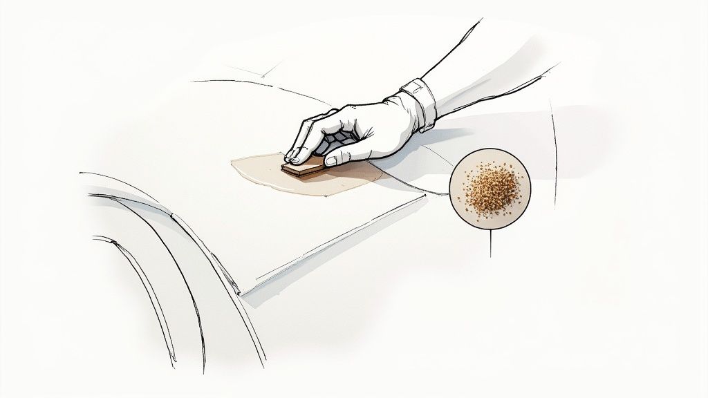 A professional detailer using a clay bar on a car's paintwork