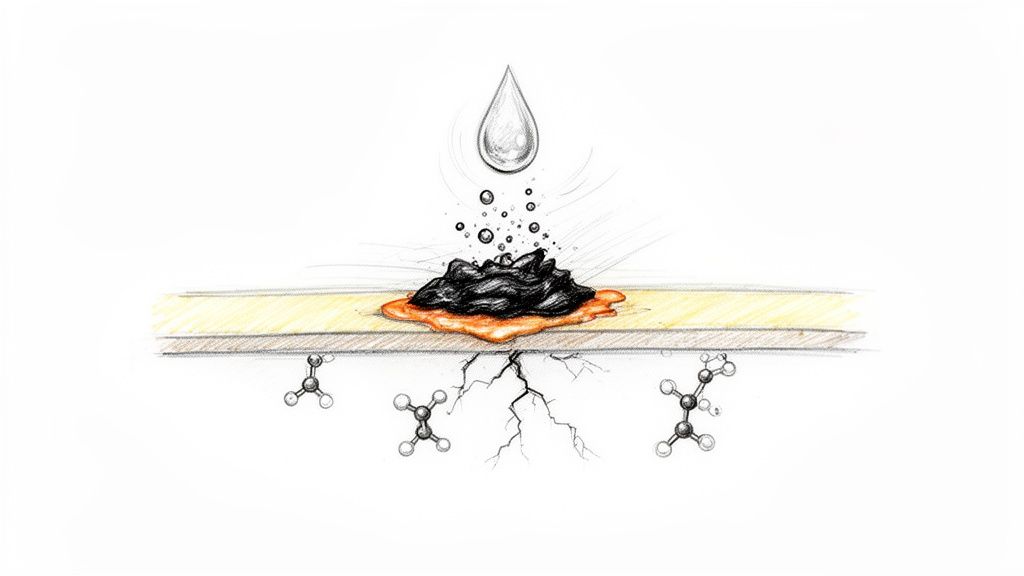Liquid droplet reacts with black tar, creating cracks and releasing methane molecules from the surface.