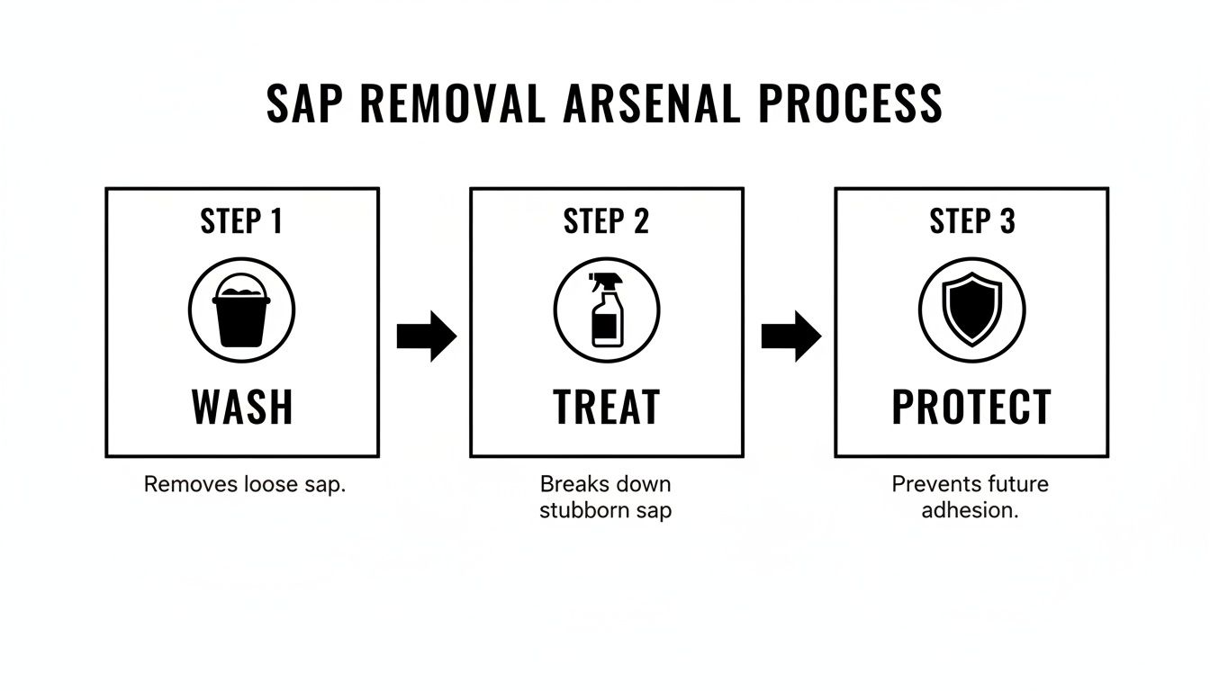 A three-step sap removal process diagram: wash to remove loose sap, treat to break down stubborn sap, and protect to prevent future adhesion.