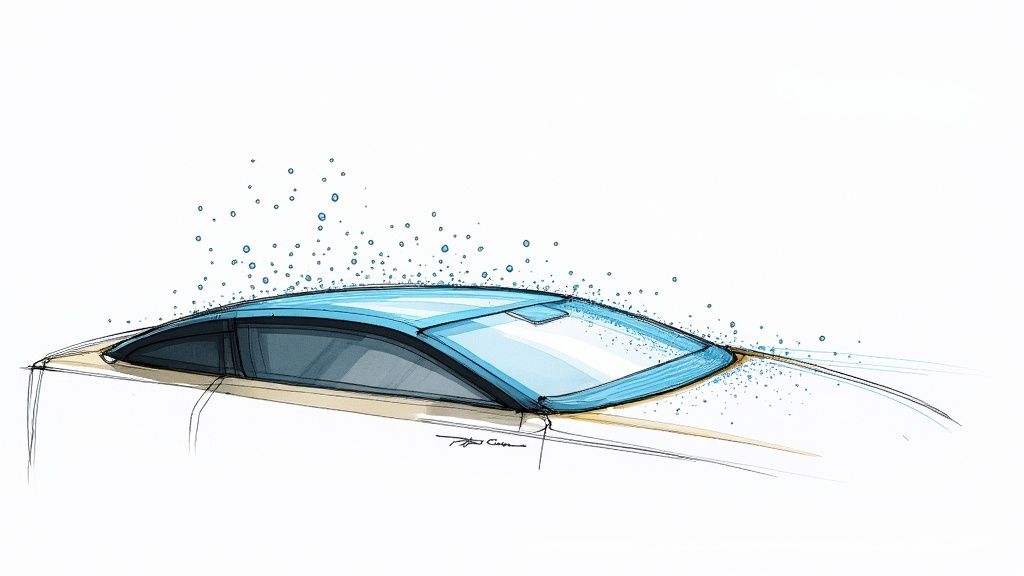 A close-up shot of water beading up and rolling off a car's surface treated with a hydrophobic ceramic coating.