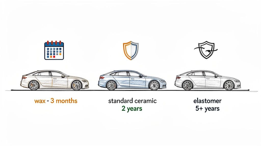 A visual comparison of car protection durability: wax (3 months), standard ceramic (2 years), and elastomer (5+ years).