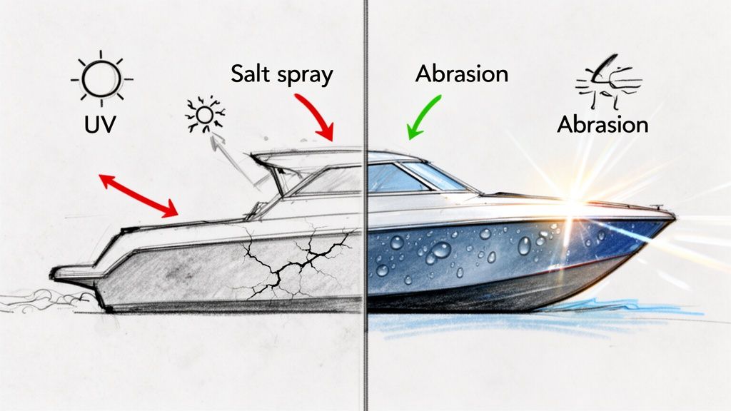 Illustration comparing a boat damaged by UV and salt spray with a protected boat resisting abrasion.