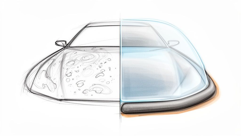 Concept sketch of a car hood, contrasting a dirty surface with a smooth, clear protective coating.
