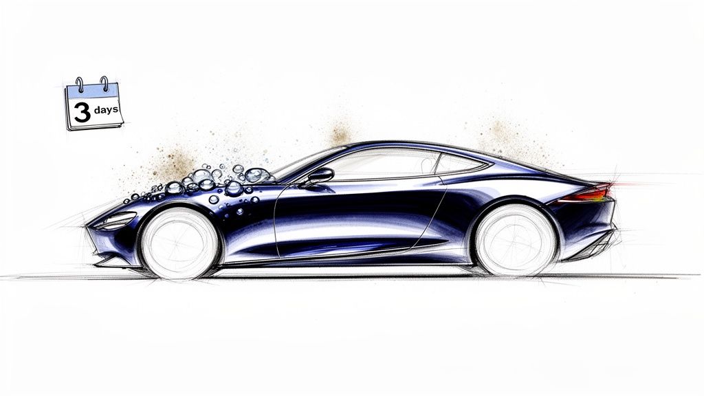 Sketch of a dark blue sports car with water beads on the hood and a '3 days' calendar icon.