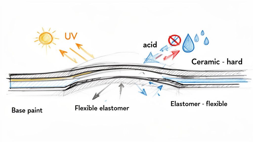 Diagram showing multi-layer paint protection with ceramic hard coat, flexible elastomer, resisting UV, acid, and water.
