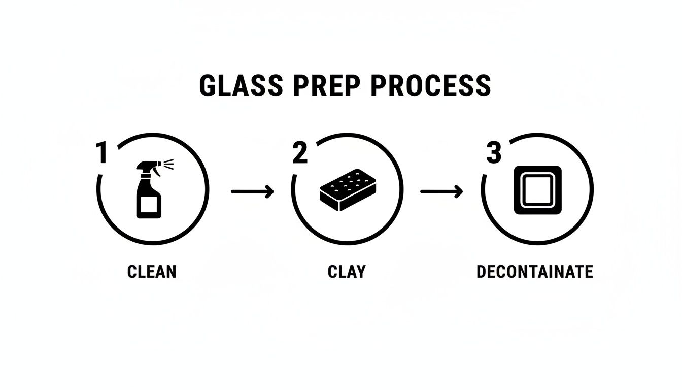 A three-step glass preparation process diagram with icons for cleaning, claying, and decontaminating.