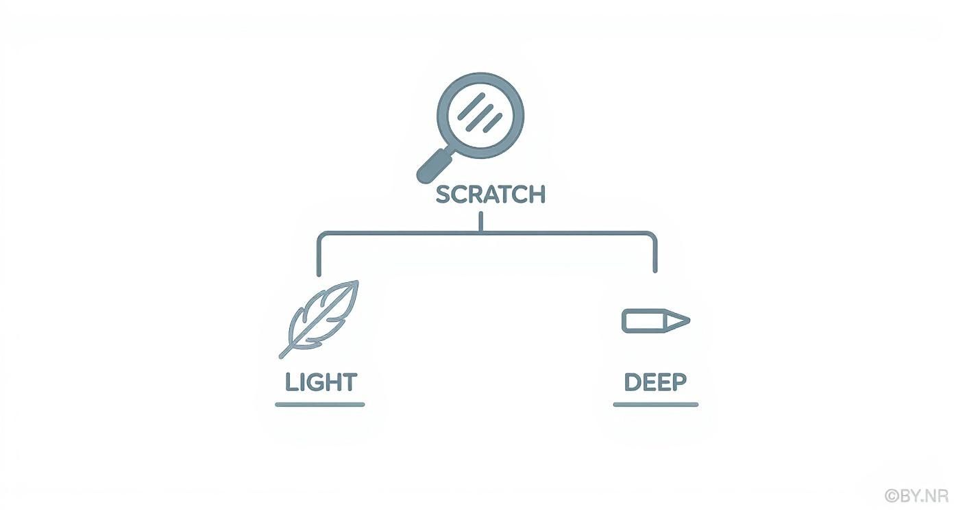 Diagram showing scratch removal methods divided into light scratches and deep scratches categories