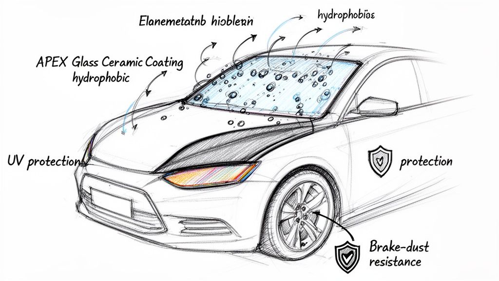 Sketch of a car illustrating features like ceramic coating, hydrophobic properties, UV protection, and brake-dust resistance.