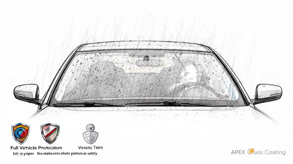 Sketch illustration of a car's front windshield with water beading, promoting glass coating for full vehicle protection.