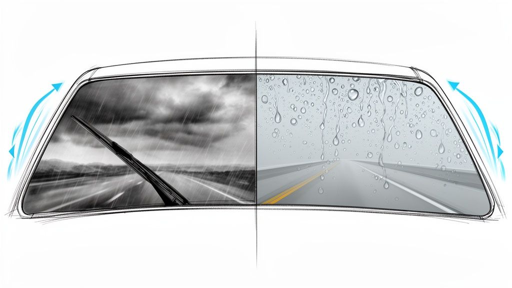 Illustration of a car windshield demonstrating rain with a wiper versus water beading on a treated surface.