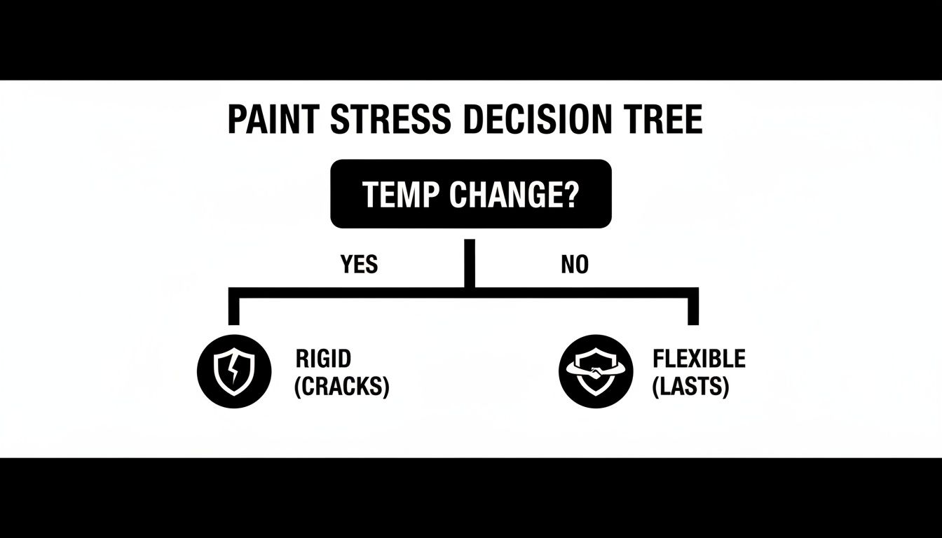 A paint stress decision tree chart about temperature changes. Yes leads to rigid (cracks), No to flexible (lasts).