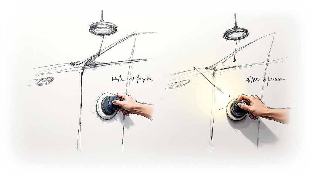 A person using a dual-action polisher to correct the paint on a car's hood, revealing a deep, glossy finish.