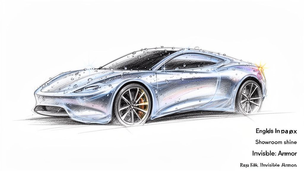 A detailed sketch of a sleek, silver sports car with water droplets, showcasing a showroom shine.