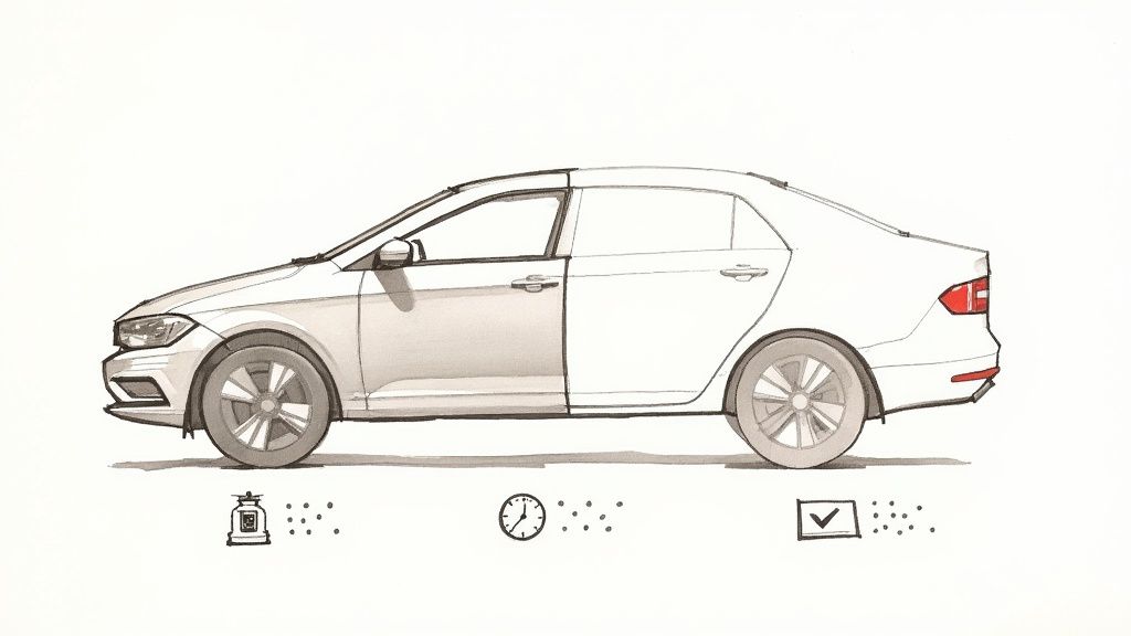 Illustration of a a white sedan, front half shaded grey, back half white, depicting a car coating application process.