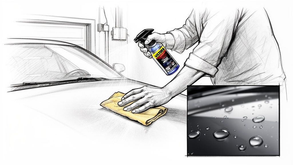 A person applies a car paint protection coating using a spray bottle and a microfiber cloth.