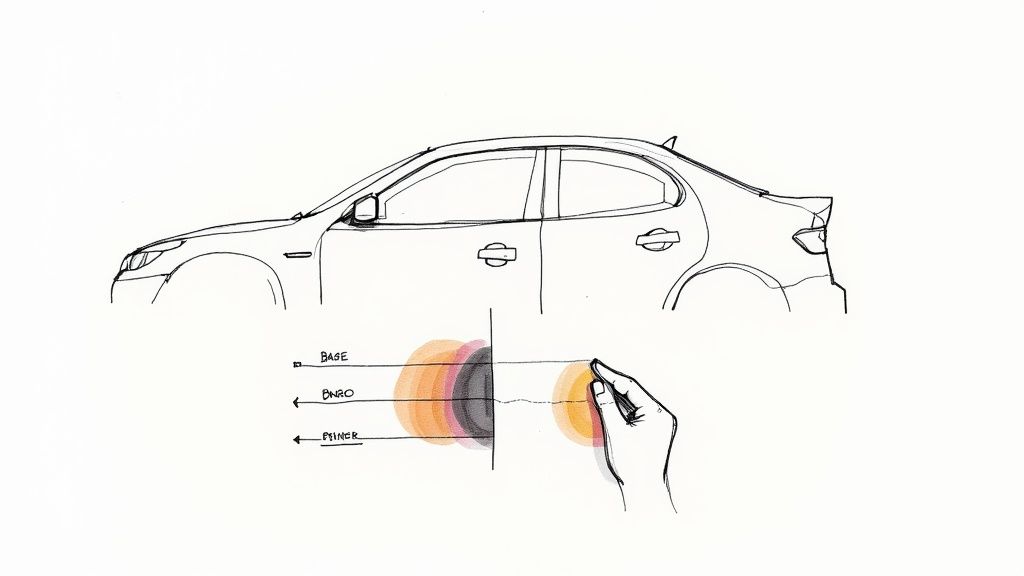 Line drawing of a car illustrating paint layers (base, BMRG, primer) and a hand demonstrating application.