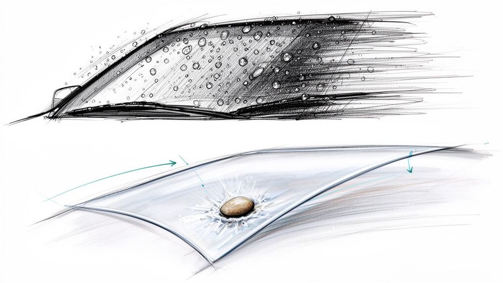 Technical sketches illustrating water beading on a car windshield and a rock impacting a flexible surface.