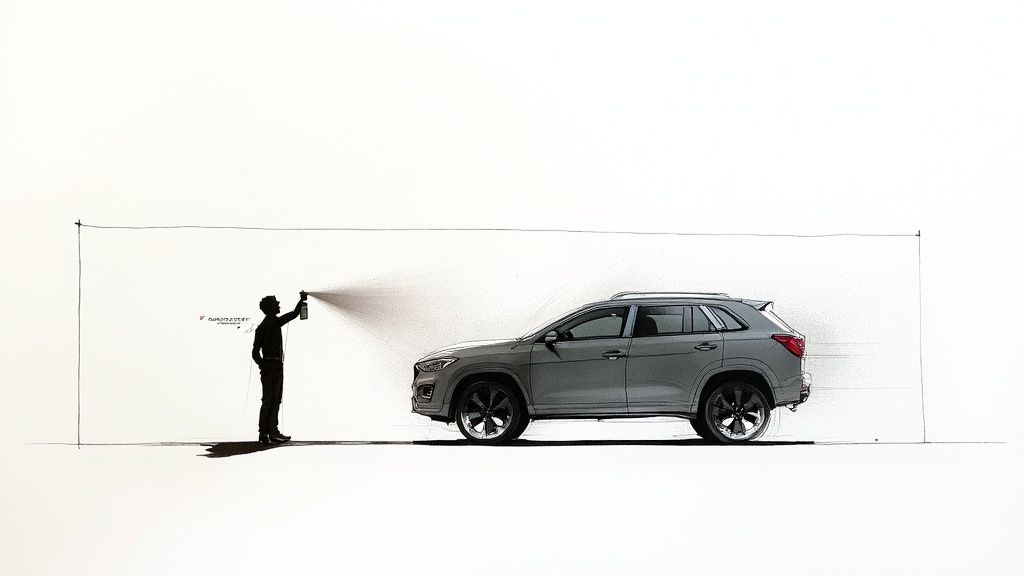 A person using an auto quick detailer spray on a sleek, dark grey car, enhancing its glossy finish.