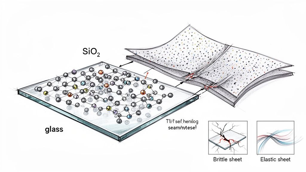 Diagram of a glass surface with SiO2 molecules, contrasting brittle glass with a flexible, layered elastic sheet.