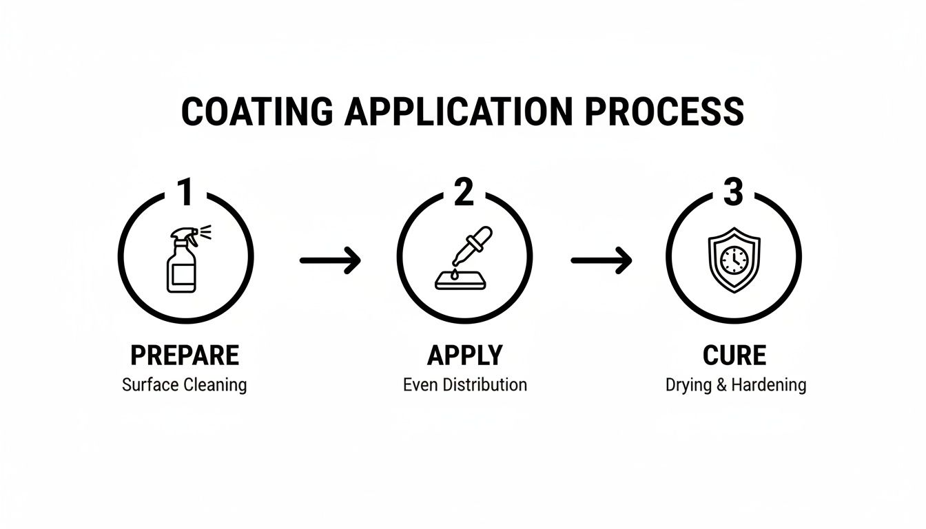 Diagram outlining the 3-step coating application process: prepare, apply, and cure.