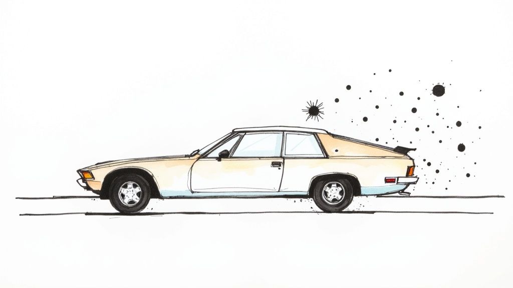 A minimalist watercolor illustration of a light-colored vintage car with ink splatters behind it.