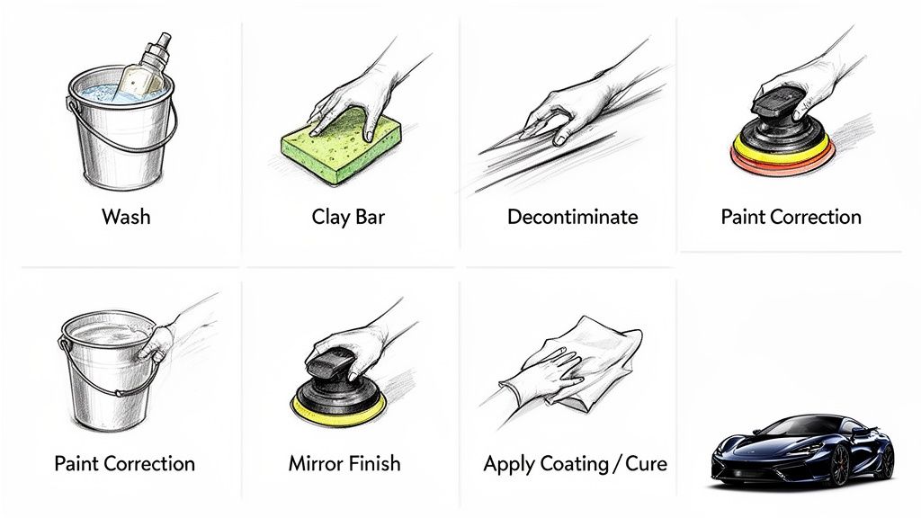 Visual guide illustrating the step-by-step process of car detailing and paint protection for a shiny finish.