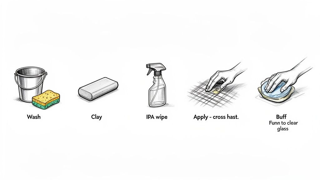 A diagram illustrates five steps for applying a coating: wash, clay, IPA wipe, apply, and buff.