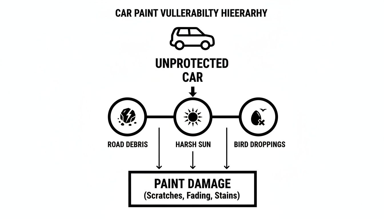 Diagram illustrating how an unprotected car is vulnerable to road debris, harsh sun, and bird droppings, causing paint damage.
