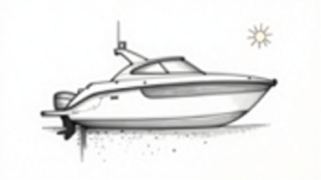 A detailed line drawing of a modern cabin cruiser boat with an outboard motor under a sun icon.