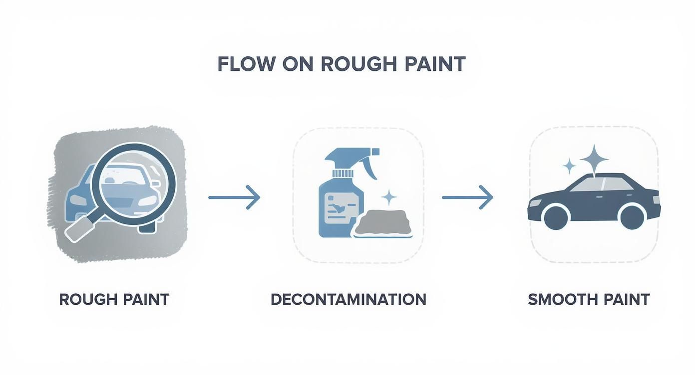 Diagram showing the three-step process to achieve smooth car paint: rough paint, decontamination with spray and mitt, and finally smooth, shiny paint.
