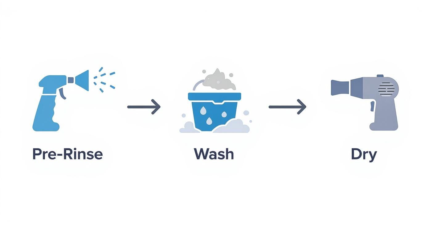 A three-step process diagram illustrating pre-rinse with a sprayer, wash with a bucket, and drying with a blower.