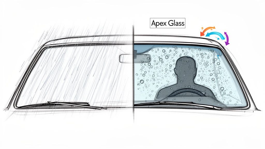 Car windshield comparison: left with heavy rain, right with water beading on Apex Glass for clear view.