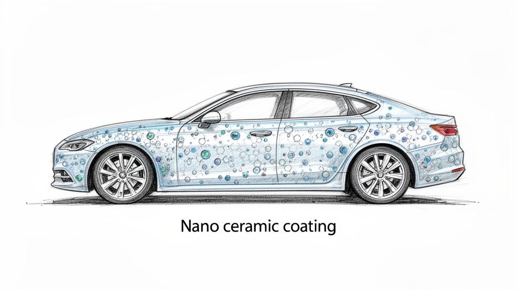 A detailed drawing of a car covered in blue and green circular patterns, illustrating nano ceramic coating technology.