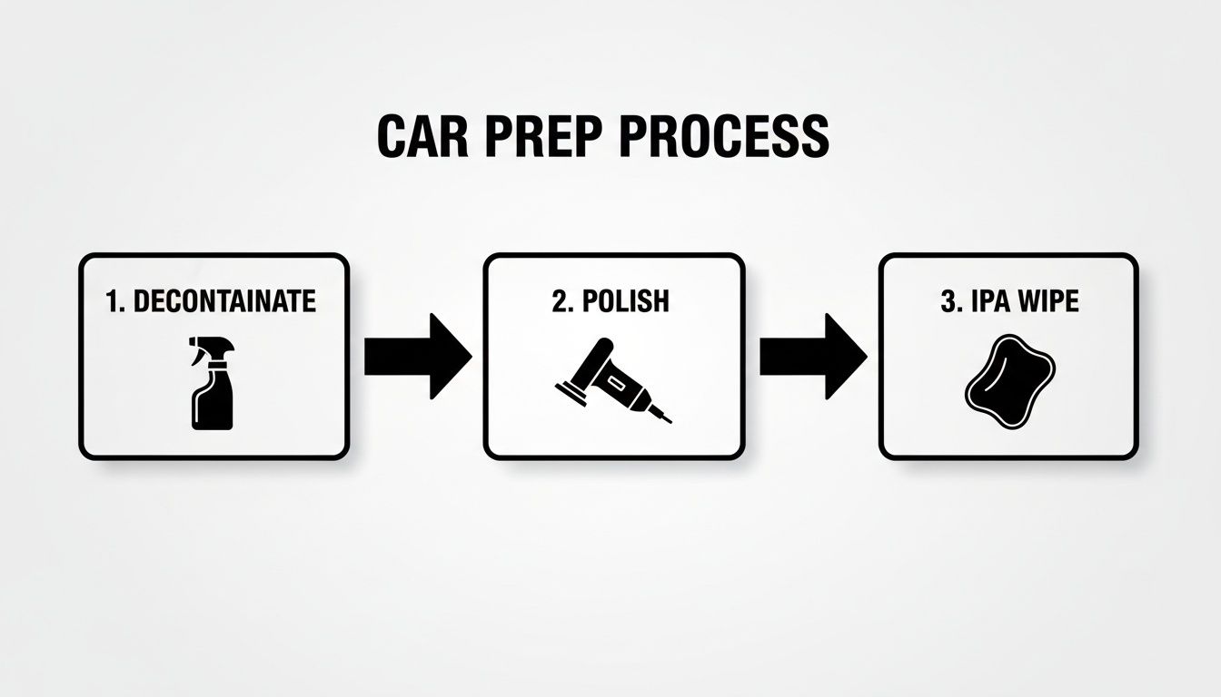 A diagram illustrating the three-step car prep process: decontaminate, polish, and IPA wipe, with icons.