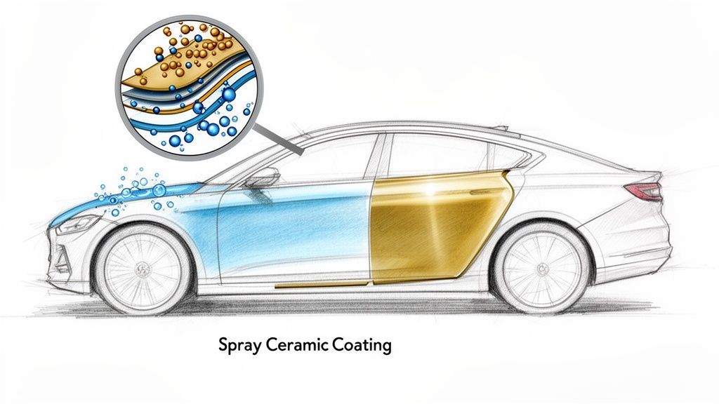 Illustration of a car showcasing spray ceramic coating, with a magnified view of its protective layers and water-repellent effect.