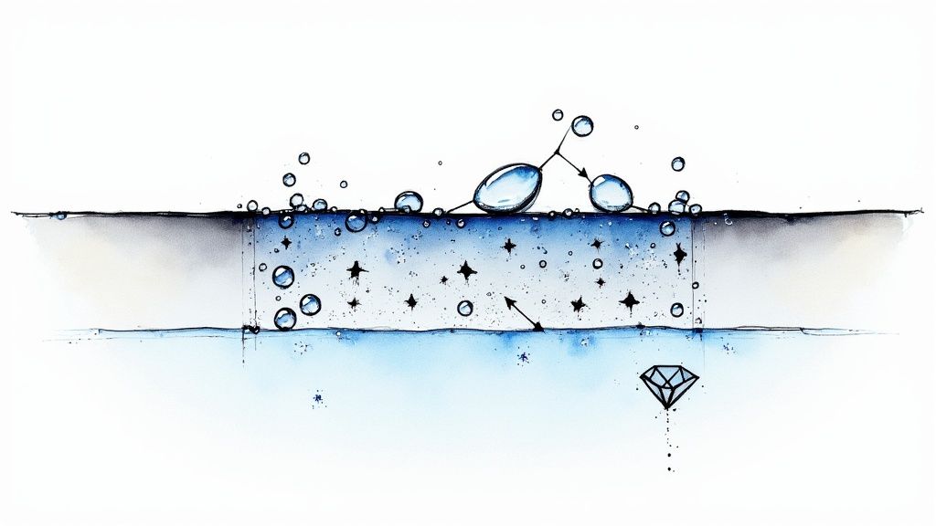 Water droplets beading on hydrophobic coating surface with sparkling stars and diamond illustration below