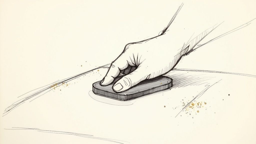 Detailed sketch of a hand using a rectangular block to clean a surface covered in small paint overspray.