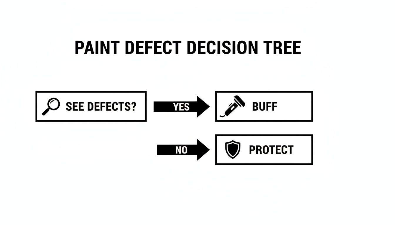 A paint defect decision tree flowchart, guiding users to buff if defects are visible or protect if not.