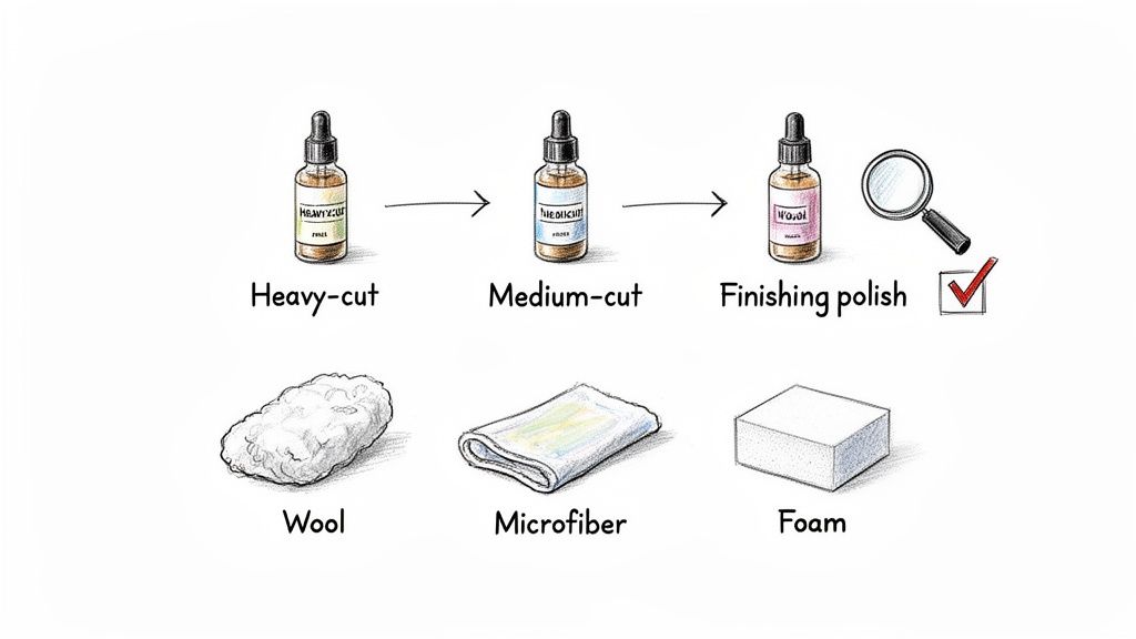 Car detailing illustration showing heavy, medium, and finishing polishes with wool, microfiber, and foam pads.