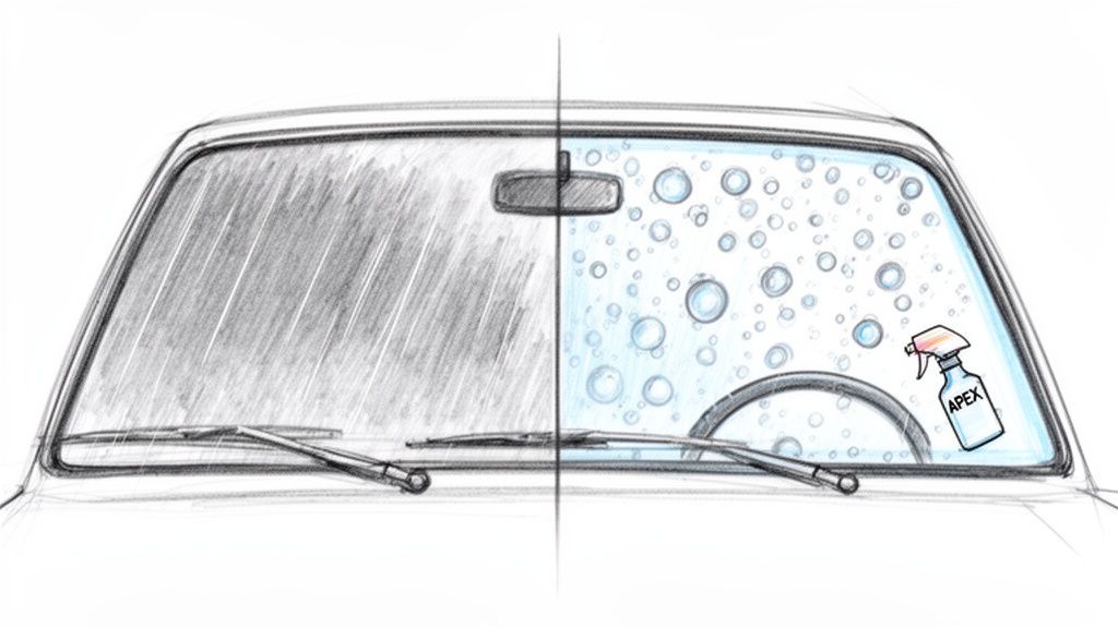 A car windshield is split, showing a dirty, streaky side and a clean, water-beaded side, promoting a coating.