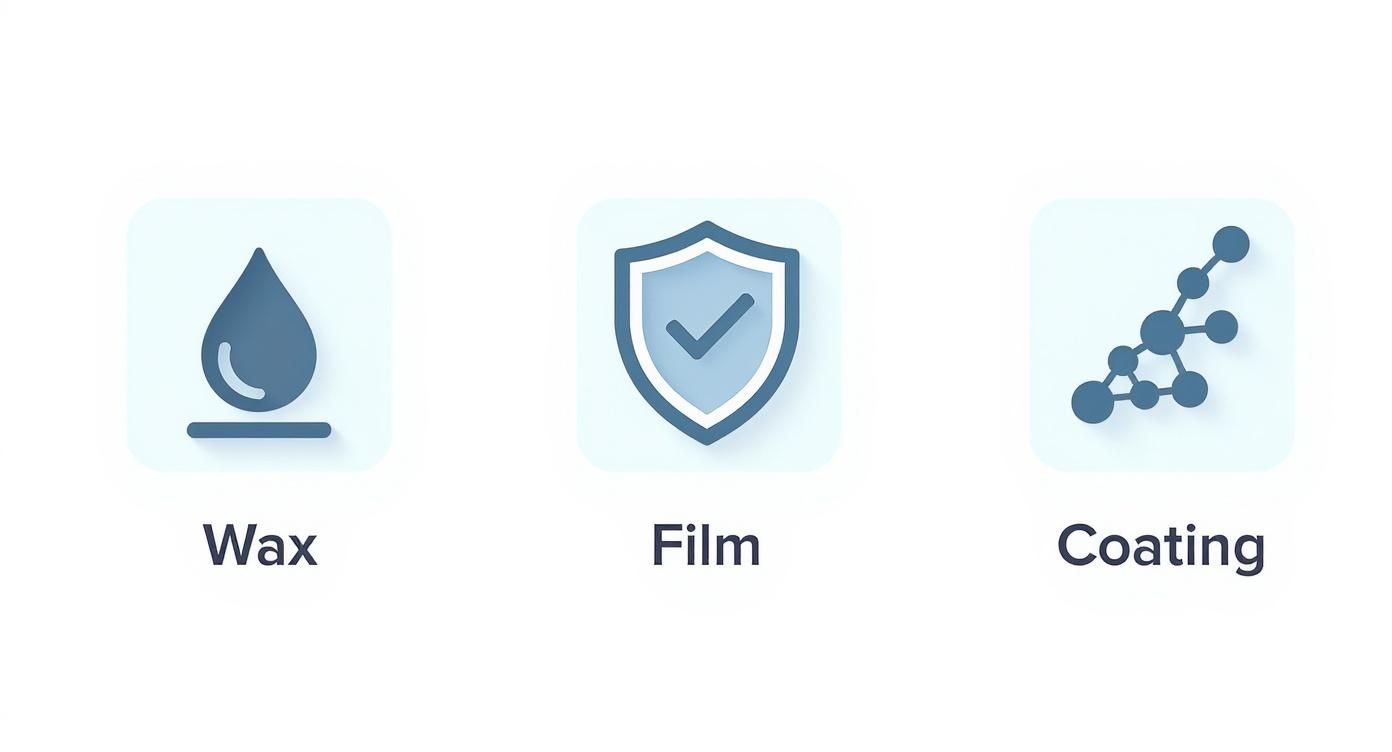 Three icons illustrating car paint protection options: wax (water droplet), film (shield), and coating (molecules).