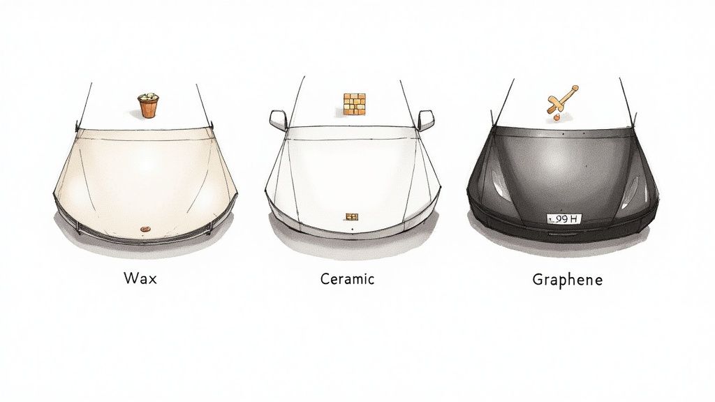 Illustration comparing car hood protection and durability of wax, ceramic, and graphene coatings.
