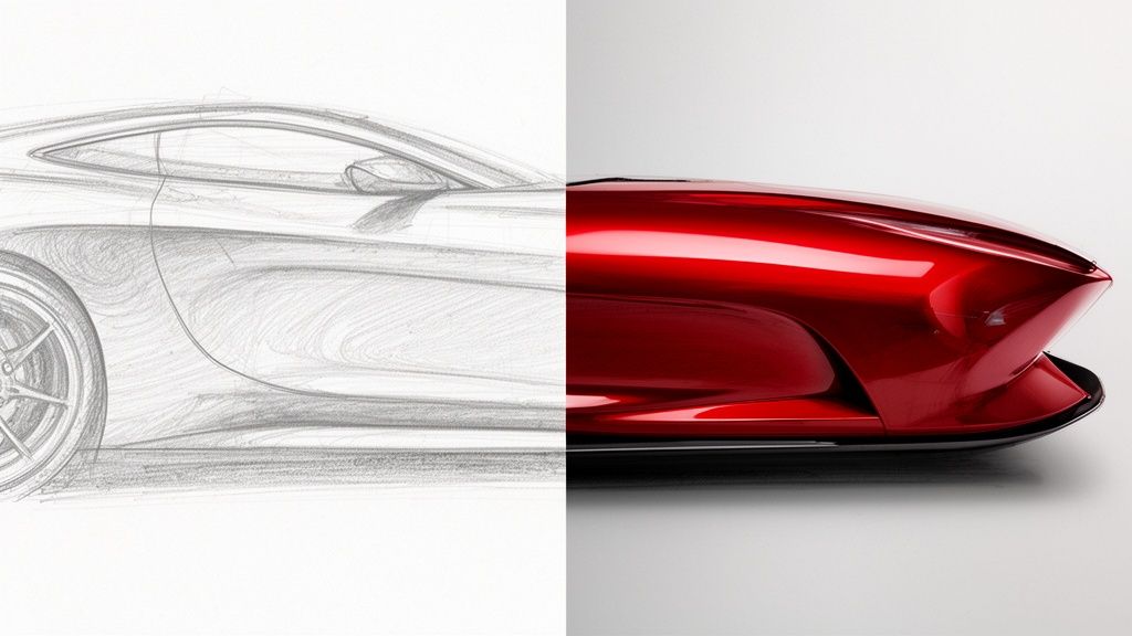 Side-by-side image of a car design sketch and a glossy red automotive concept.