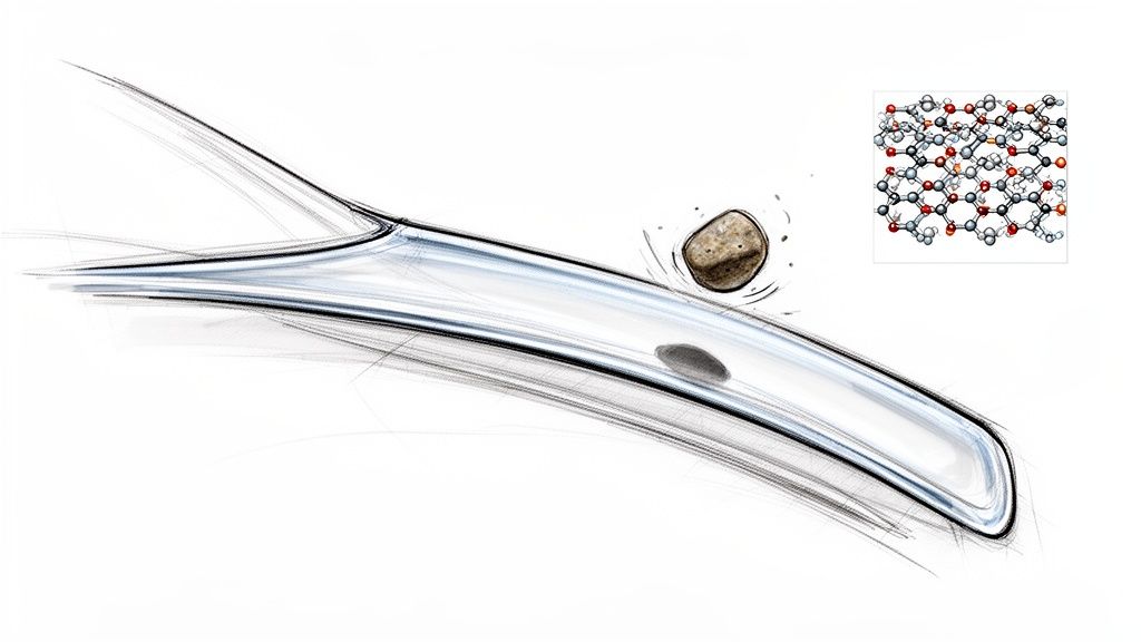 A conceptual sketch showing a clear ceramic surface being impacted by a rock, with a molecular structure inset.